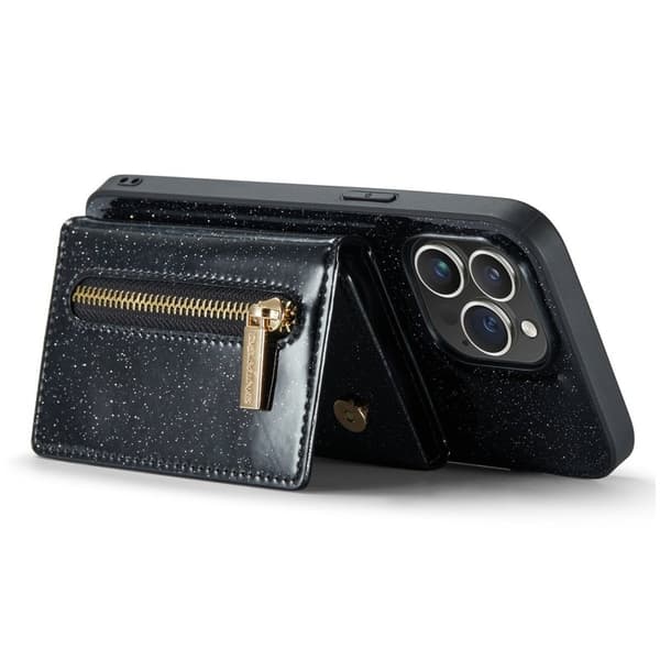 DG.MING M3 iPhone 15 Pro Kickstand Plånboksfodral Glitter Konstläder Svart