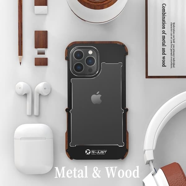 R-JUST Mobilskal till iPhone 14 Pro i Trä + Aluminiumlegering Svart