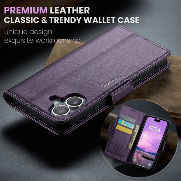 CASEME Plånboksfodral Konstläder till iPhone 16 Plus - Lila, RFID-skydd