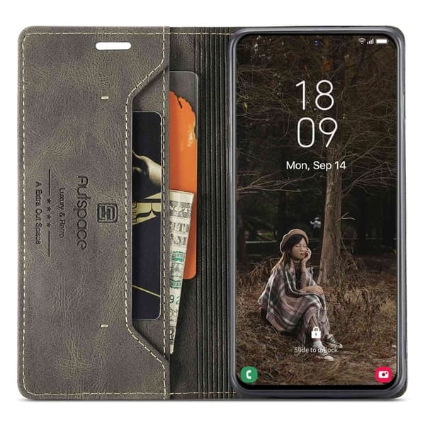 AUTSPACE A01 för Samsung Galaxy S22 5G Plånboksfodral Konstläder - Brun
