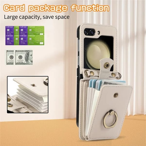 Galaxy Z Flip7 Plånboksfodral Ring Kickstand med Lång rem - Beige Beige