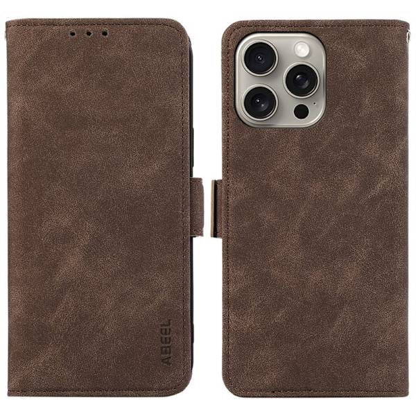 ABEEL iPhone 15 Pro Max Plånboksfodral Konstläder Ställ RFID Skydd - Brun
