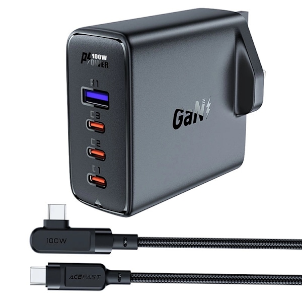 Acefast GaN Snabbladdare 3x USB-C 1x USB 100W UK - Svart Svart