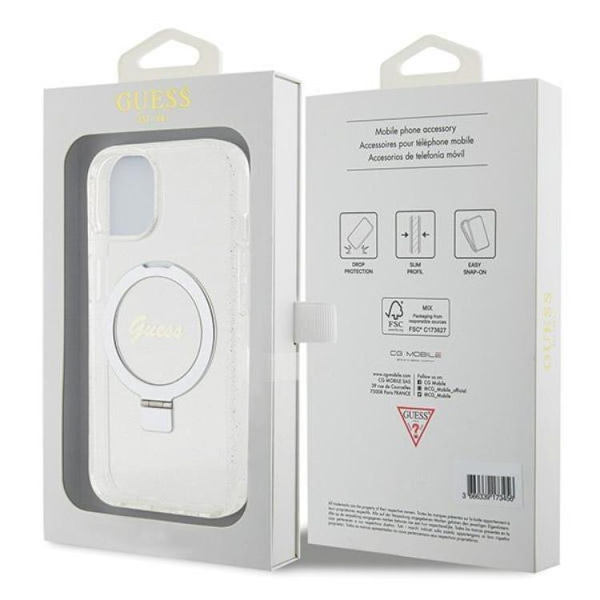 Guess Mobilskal till iPhone 15/14/13 MagSafe Ringställ Script Glitter Transparent