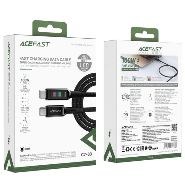 Acefast USB-C–USB-C-kaapeli 1,2 m 100 W - musta