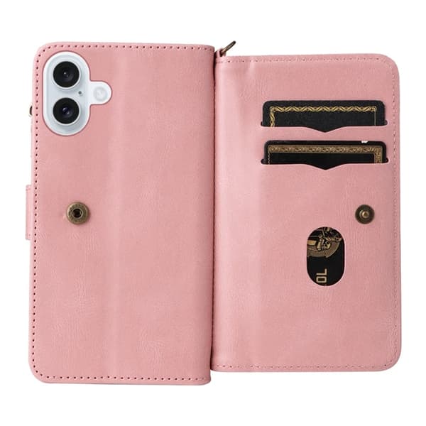 iPhone 17 Konstläder Plånboksfodral Zipper Rem Rosa