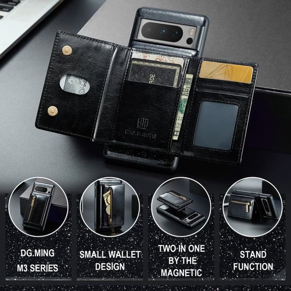 DG.MING M3 Series Konstläder Plånboksfodral för Google Pixel 8 Pro Svart
