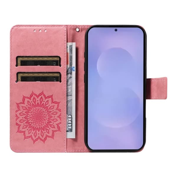 Samsung Galaxy S26 Plus Plånboksfodral Konstläder Solrostryck - Rosa