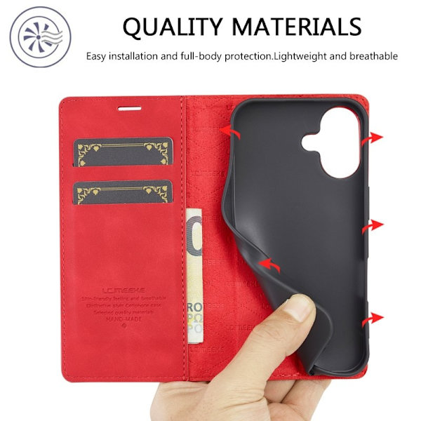 LC.IMEEKE iPhone 16 Plånboksfodral Konstläder- Röd