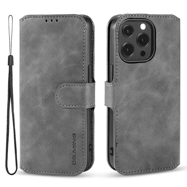 DG.MING iPhone 14 Pro Max Konstläder Plånboksfodral Retro Stil Magnetisk Grå