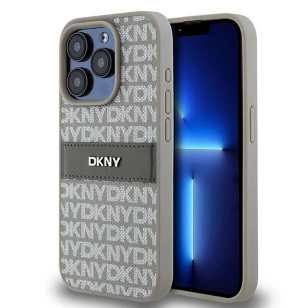 DKNY iPhone 14 Pro Max Mobilskal Läder Mono Stripe & Metal Logo Beige