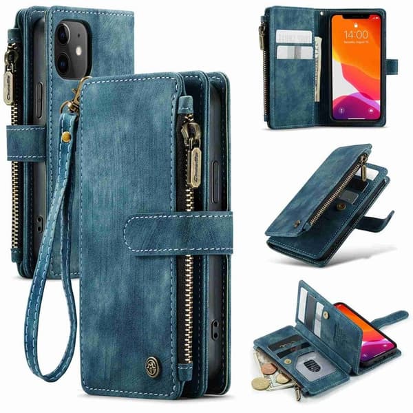 CASEME Konstläder Plånboksfodral för iPhone 12 mini med rem - Blå