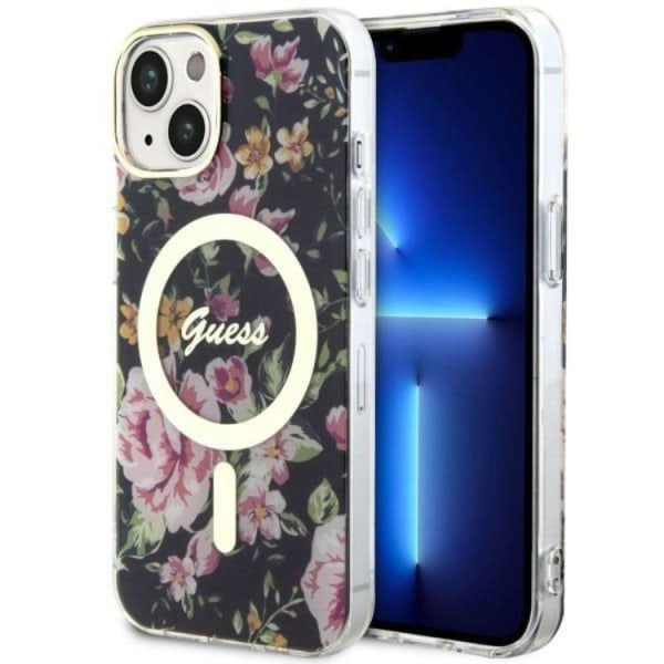 Guess iPhone 14 Plus mobiilikotelo MagSafe Flower - musta