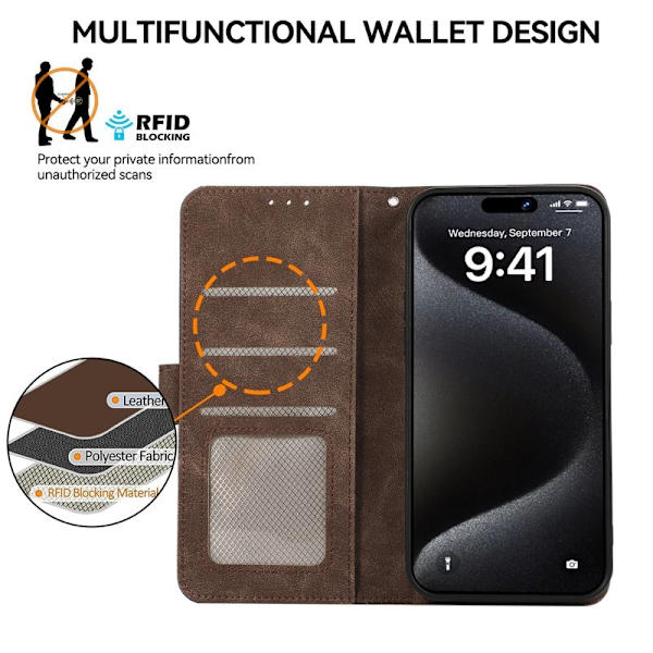 ABEEL iPhone 15 Pro Max Plånboksfodral Konstläder RFID Skydd - Brun