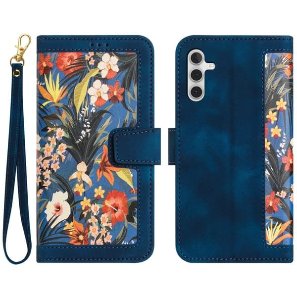 Samsung Galaxy A55 5G Plånboksfodral Konstläder Blommönster - Blå