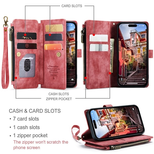 CASEME iPhone 15 Pro Max Plånboksfodral C30 Zipper - Röd
