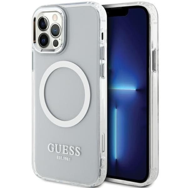 Guess Mobilskal till iPhone 12 Pro/12 Magsafe Metall Outline - Silver