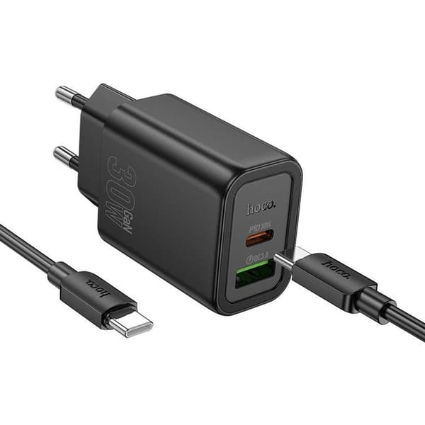 Hoco Hurtigoplader 30W 1xUSB-A 1xUSB-C med USB-C Kabel N63 - Sort Svart