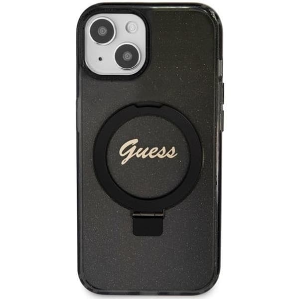 Guess iPhone 15/14 Plus Mobilskal Magsafe Ringställ Script Glitt Black
