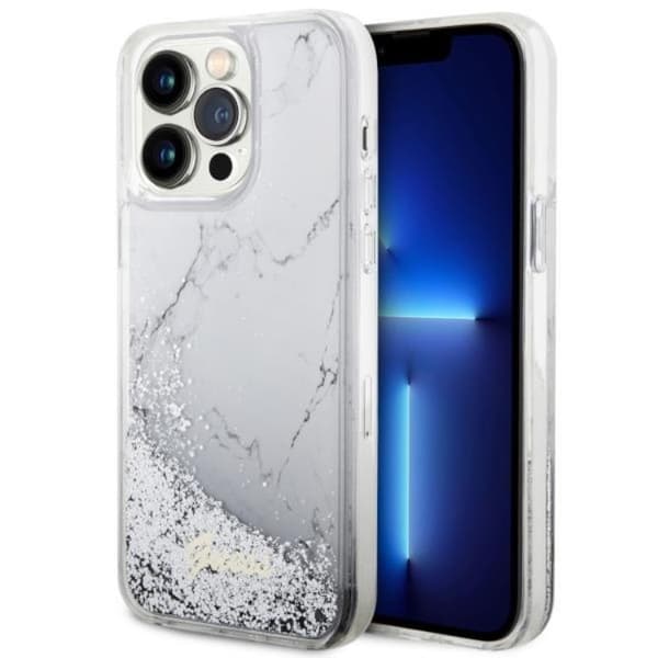 Guess iPhone 14 Pro Max Mobilskal Liquid Glitter Marble - Hvid Vit