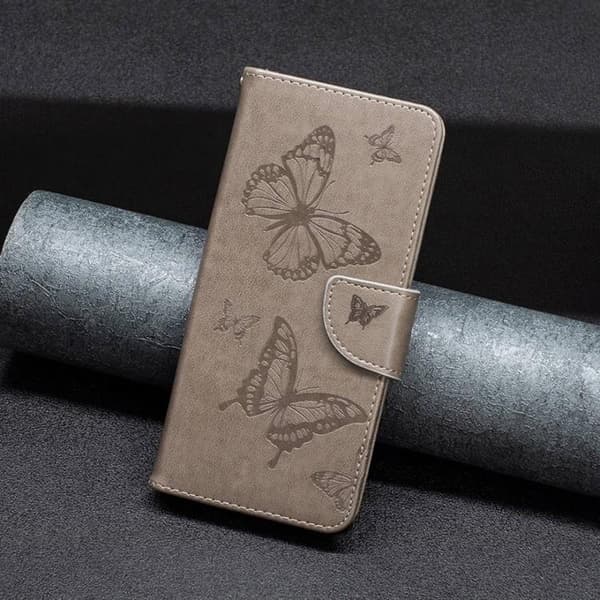 iPhone 14 Pro Plånboksfodral Butterflies Imprinted - Grå Grå