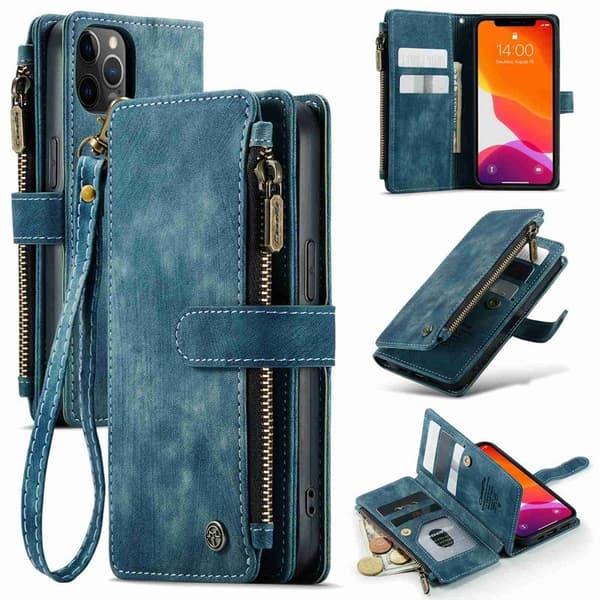 CASEME Konstläder Plånboksfodral för iPhone 12/12 Pro med rem - Blå