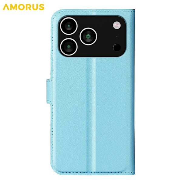 AMORUS iPhone 17 Pro Konstläder Plånboksfodral Flipstativ Litchi - Blå Blå