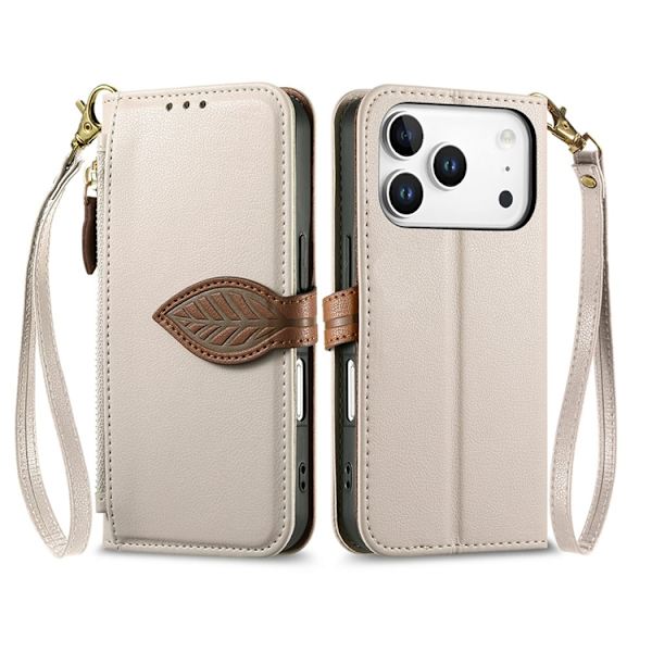 iPhone 17 Pro Plånboksfodral Leaf Magnetiskt Spänne Konstläder - Beige Beige