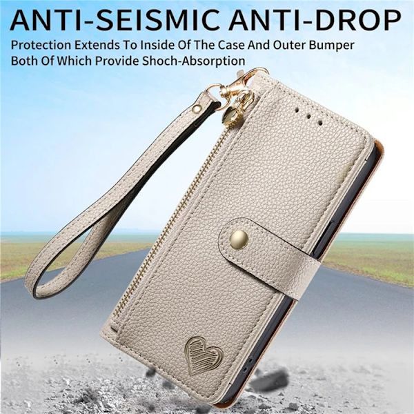 iPhone 17 Pro Max Konstläder Plånboksfodral RFID-Skydd Zipper med rem - Grå Grå