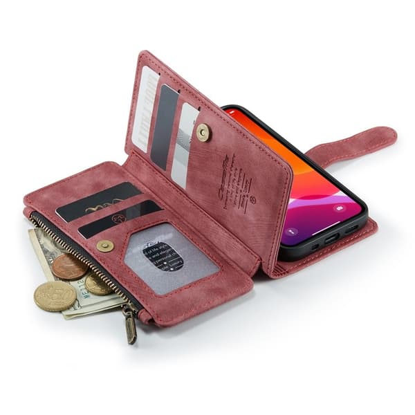 CASEME Konstläder Plånboksfodral för iPhone 12 mini med rem, Röd