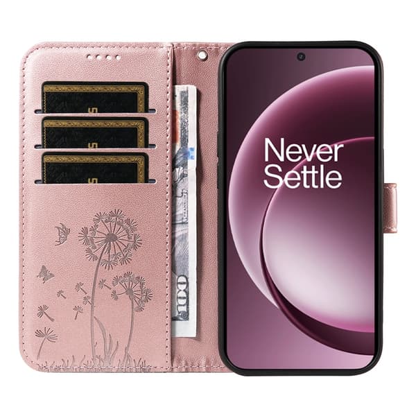 OnePlus 15 Plånboksfodral Dandelion Imprint Konstläder Roséguld
