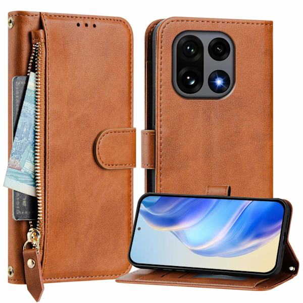 OnePlus 15 Plånboksfodral Zipper Pocket Multiple Konstläder Brun