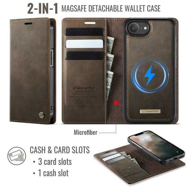 CASEME C49 Mobilskal till iPhone 16e MagSafe RFID Blocker Läder Kaffe