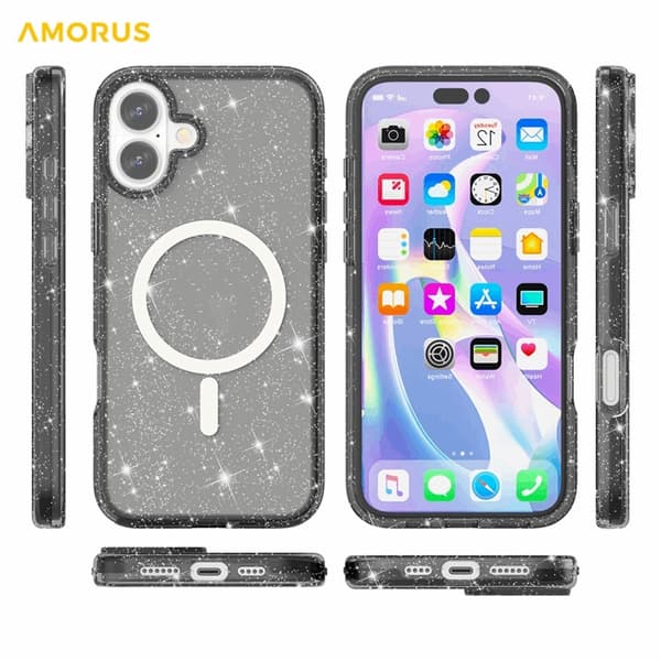 AMORUS Mobilskal till iPhone 17 Magsafe Glitter Powder PC + TPU - Rosa Rosa