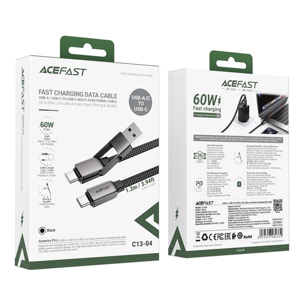 Acefast USB-C - USB-A - USB-C 3A Kabel 1.2m 480Mb/s - Svart Svart