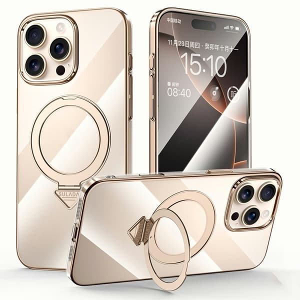 SULADA Mobilskal till iPhone 16 Pro MagSafe Kickstand Klar PC Guld