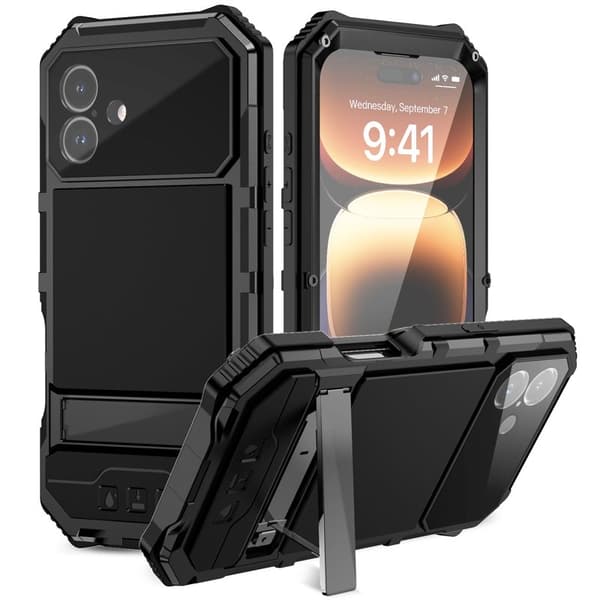 R-JUST Mobilskal till iPhone 16 Plus PC+Silicone+Metal Ställ - Svart