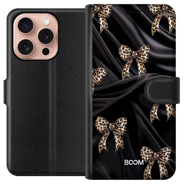 Lompakkokotelo Apple iPhone 16 Pro -puhelimelle Leopard Bow -kuosilla