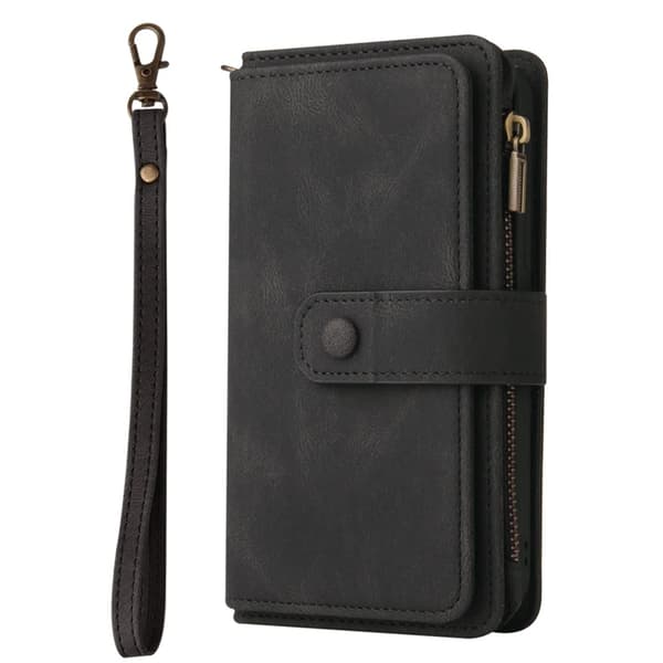 iPhone 17 Pro Konstläder Plånboksfodral Zipper Rem Svart