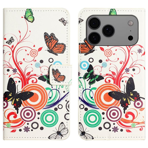iPhone 17 Pro Max Konstläder Plånboksfodral Pattern Print - Vit Fjäril Vit