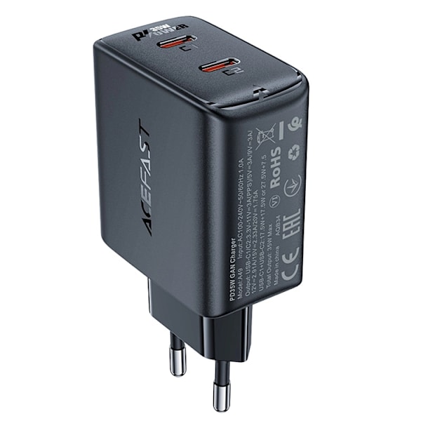 Acefast GaN Snabbladdare 2x USB C 35W PD - Svart Svart