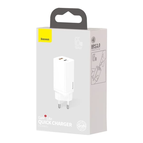 Baseus GaN2 Lite Hurtig vægadapter 65W USB / USB-C - Hvid Vit