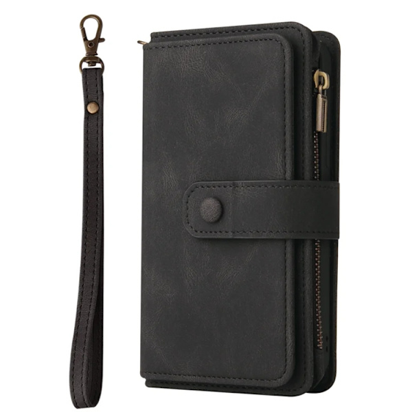 iPhone 17 Konstläder Plånboksfodral Zipper Rem Svart