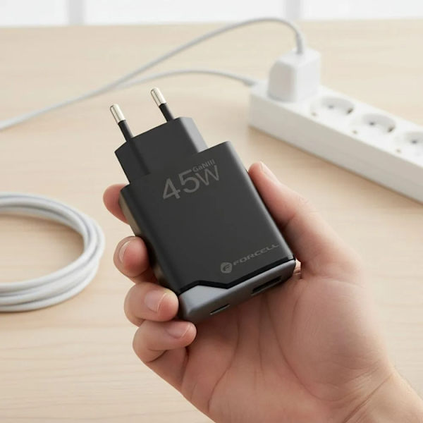 Forcell Hurtigoplader USB C til USB A 45W GaN III PD 3A - Sort Svart