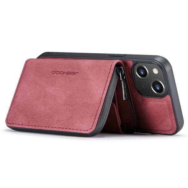 JEEHOOD ZippeRöd Plånboksfodral iPhone 14 Röd Konstläder TPU