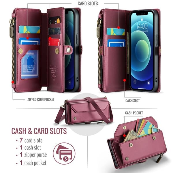 CASEME Plånboksfodral Konstläder för iPhone 12 mini - Vinröd