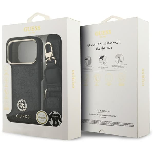 Guess Mobilskal till iPhone 17 Pro MagSafe 4G Strass Logo & Big Strap Svart
