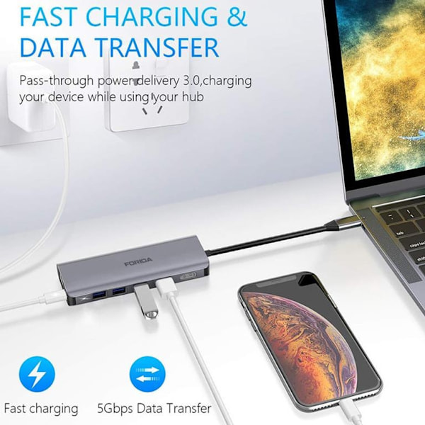 SiGN 7-i-1 USB-C-hub HDMI RJ45 USB-C, max 100W - Grå