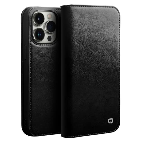 QIALINO iPhone 14 Pro Max Plånboksfodral Äkta Läder Drop Proof Svart