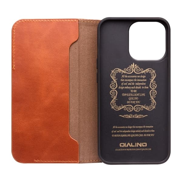 QIALINO iPhone 13 Pro Plånboksfodral Äka Läder Flip Folio Brun